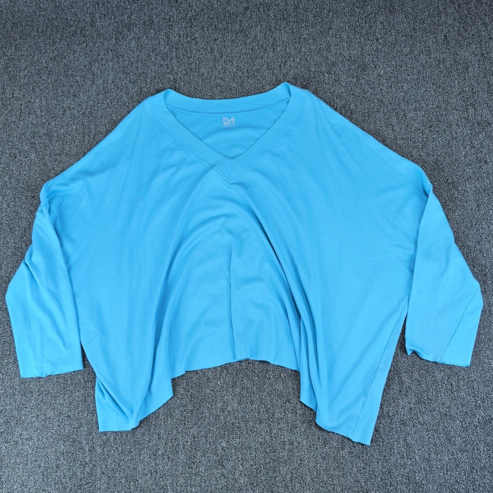 Planet Lagenlook V-Neck Boxy Top Women OS Blue 100% Pima Cotton Oversized Tee